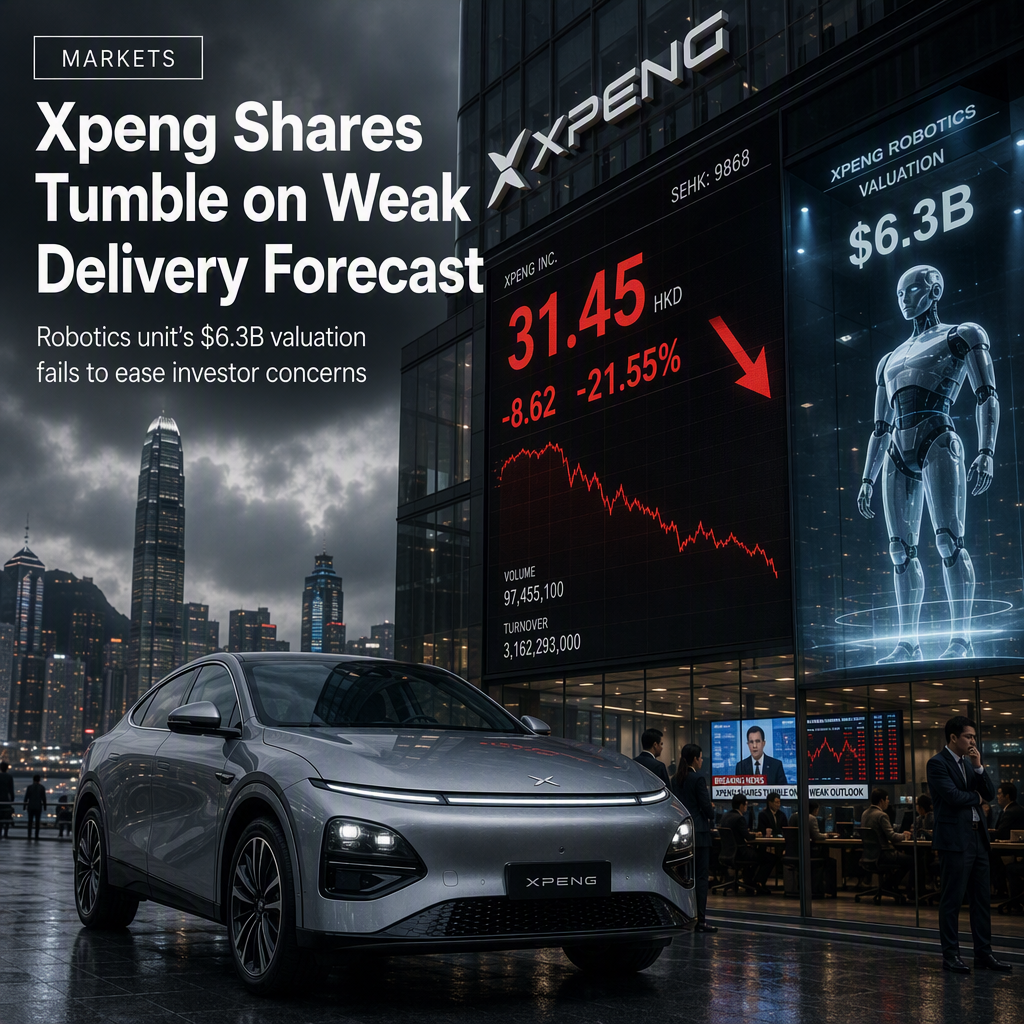 Xpeng Shares Plunge as Weak Delivery Outlook Overshadows $6.3 Billion Robotics Unit Valuation