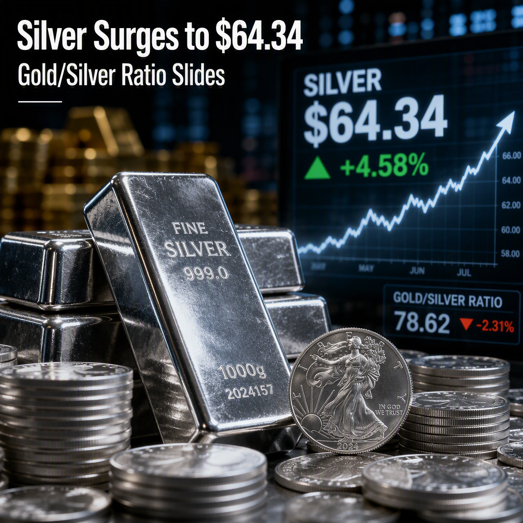 Silver Surges 4.58% to $64.34 per Ounce, Gold/Silver Ratio Drops