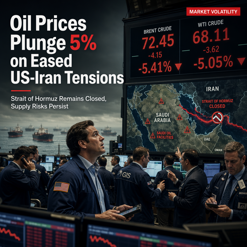 Oil Prices Plunge 5% as US-Iran Tensions Ease Despite Ongoing Strait of Hormuz Closure