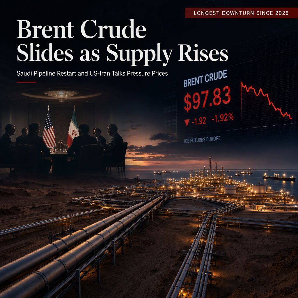 Brent Crude Extends Decline as Saudi Pipeline Restarts and US-Iran Talks Progress