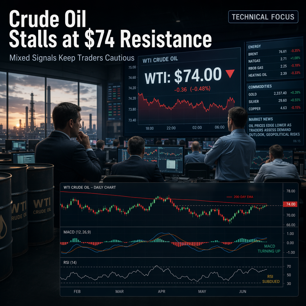 WTI Crude Oil Struggles Near $74 Amid Mixed Technical Signals and Resistance at Key Levels