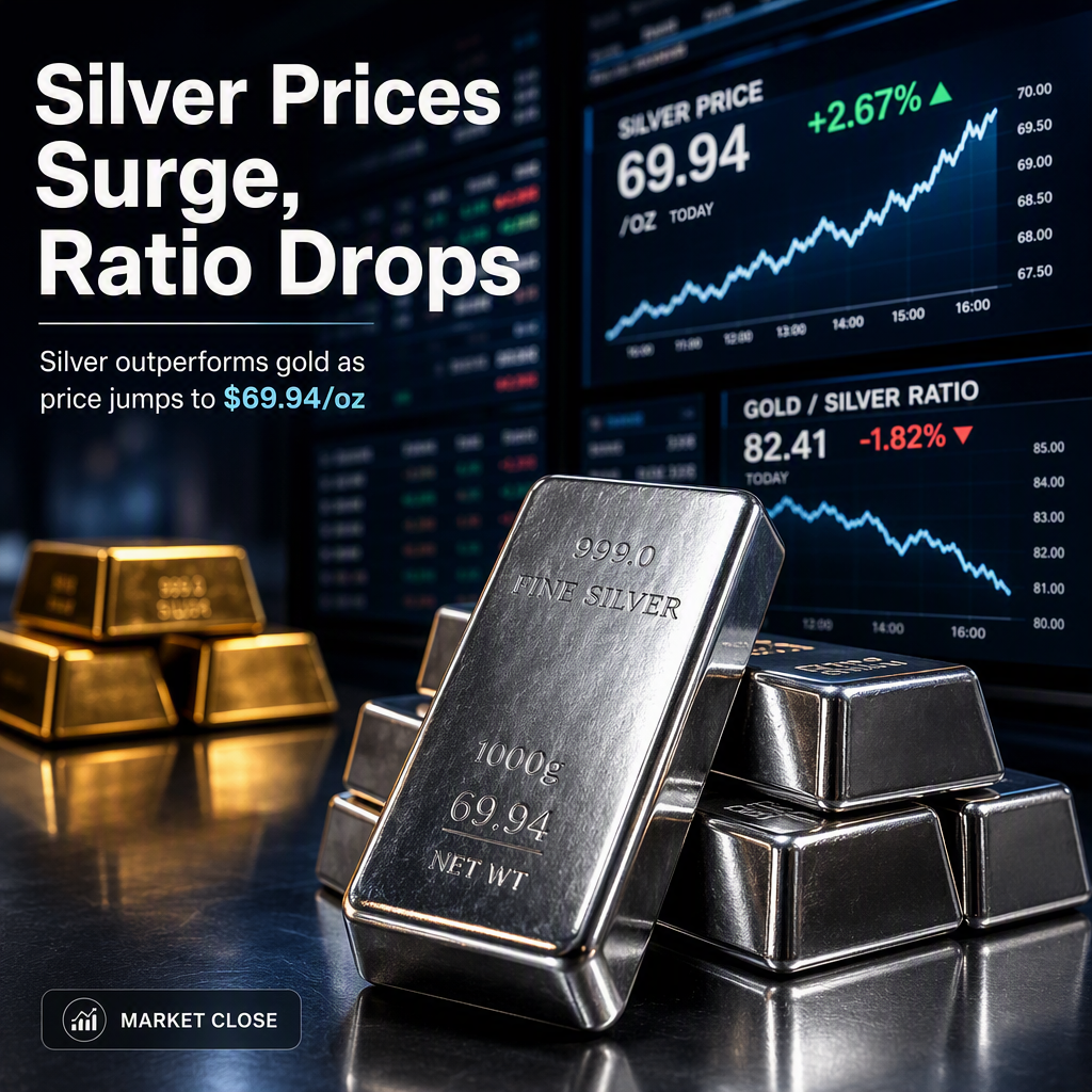Silver Prices Surge 2.67% to $69.94 per Ounce, Gold/Silver Ratio Declines