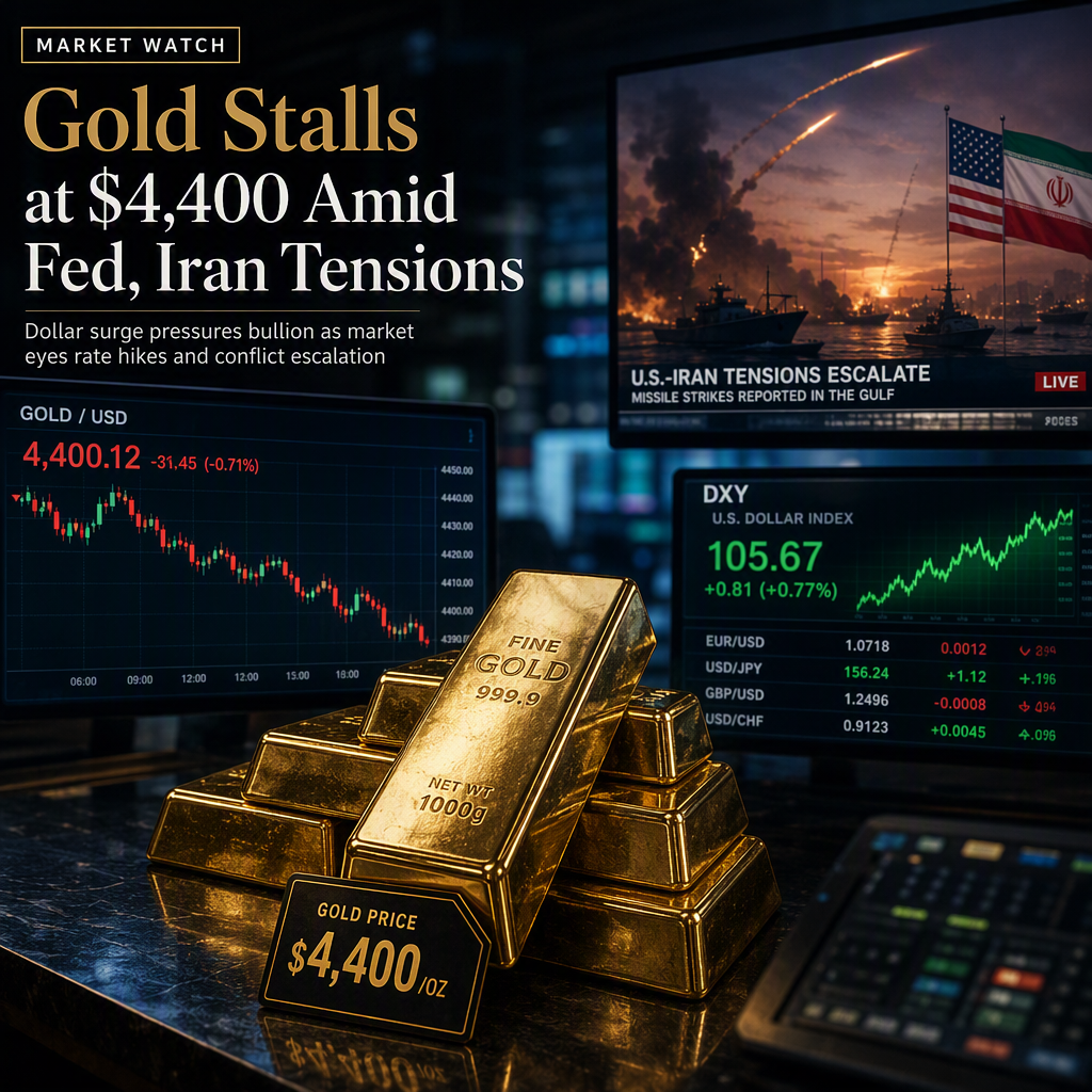 Gold Struggles Near $4,400 as Fed Rate Hike Bets and US-Iran Tensions Boost Dollar