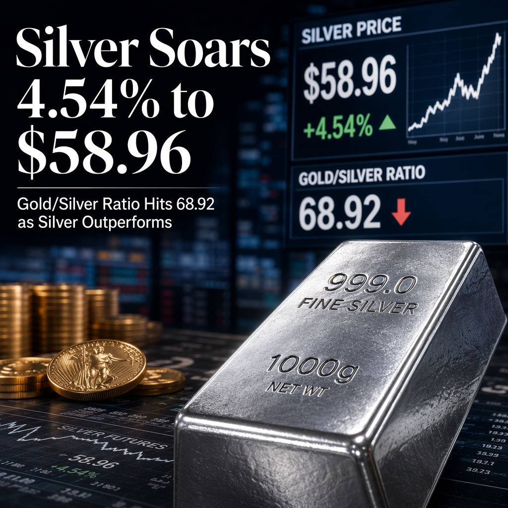 Silver Price Surges 4.54% to $58.96 per Ounce, Gold/Silver Ratio Drops