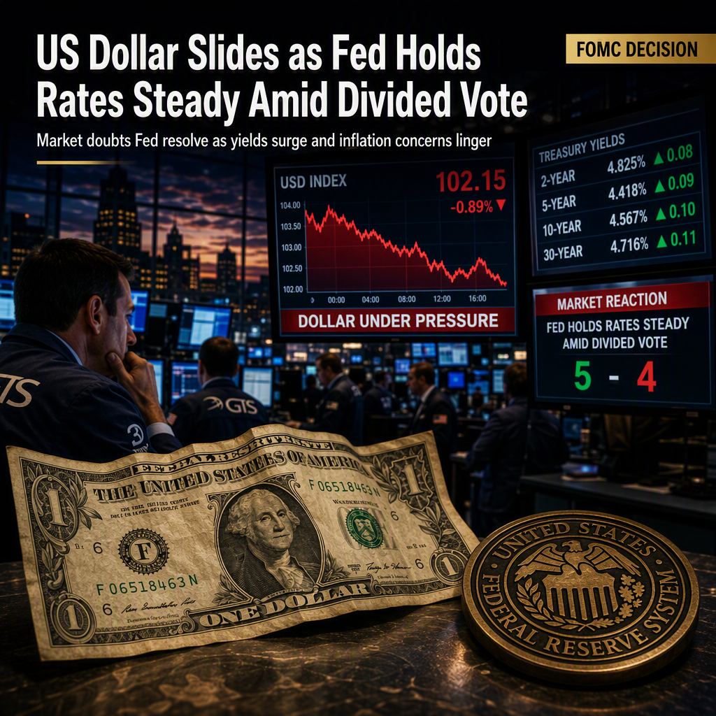 US Dollar Slides as Fed Holds Rates Steady Amid Divided Vote and Hawkish Rhetoric