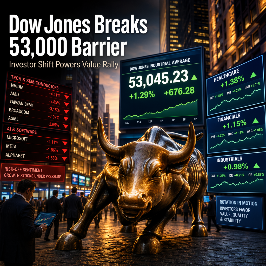 Dow Jones Surges Past 53,000 as Investors Rotate from Tech to Value Sectors Amid Semiconductor Sell-Off
