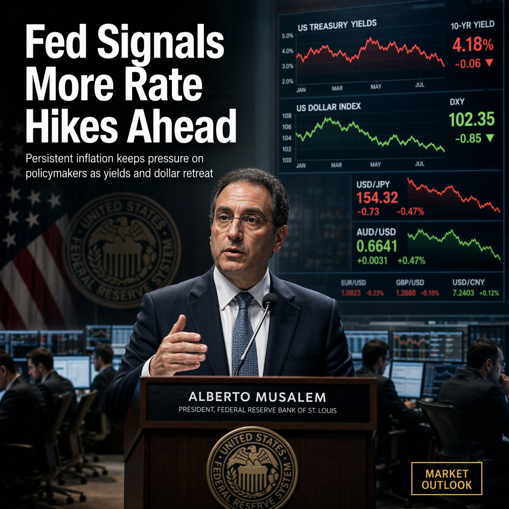 Fed Officials Signal More Rate Hikes Amid Persistent Inflation; US Dollar and Yields Retreat on Geopolitical Easing