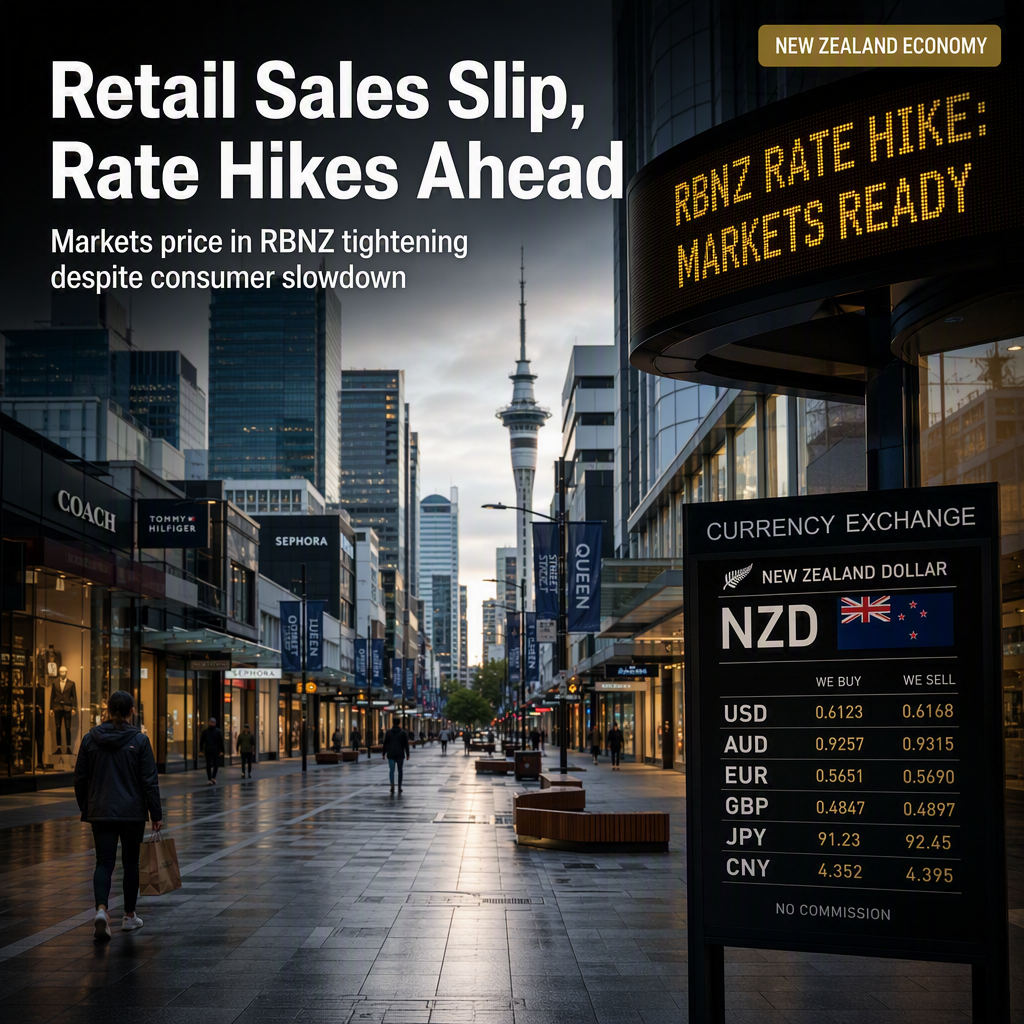 New Zealand Retail Sales Slump, Yet Markets Fully Price RBNZ Rate Hikes