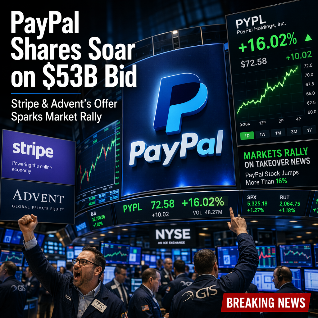 PayPal Shares Surge 16% on Reported $53 Billion Takeover Bid from Stripe and Advent