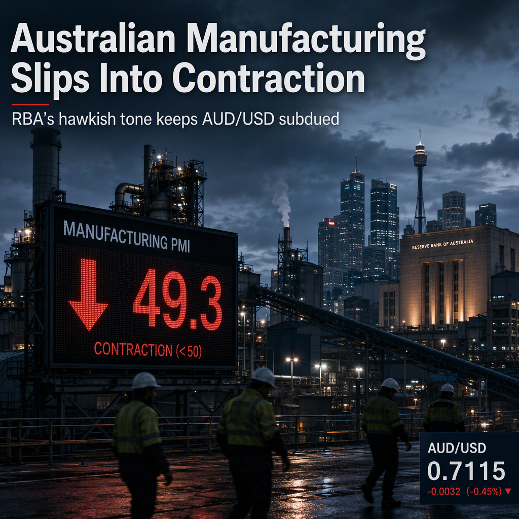 Australian Manufacturing PMI Drops Below 50 as RBA Signals Hawkish Stance; AUD/USD Remains Subdued