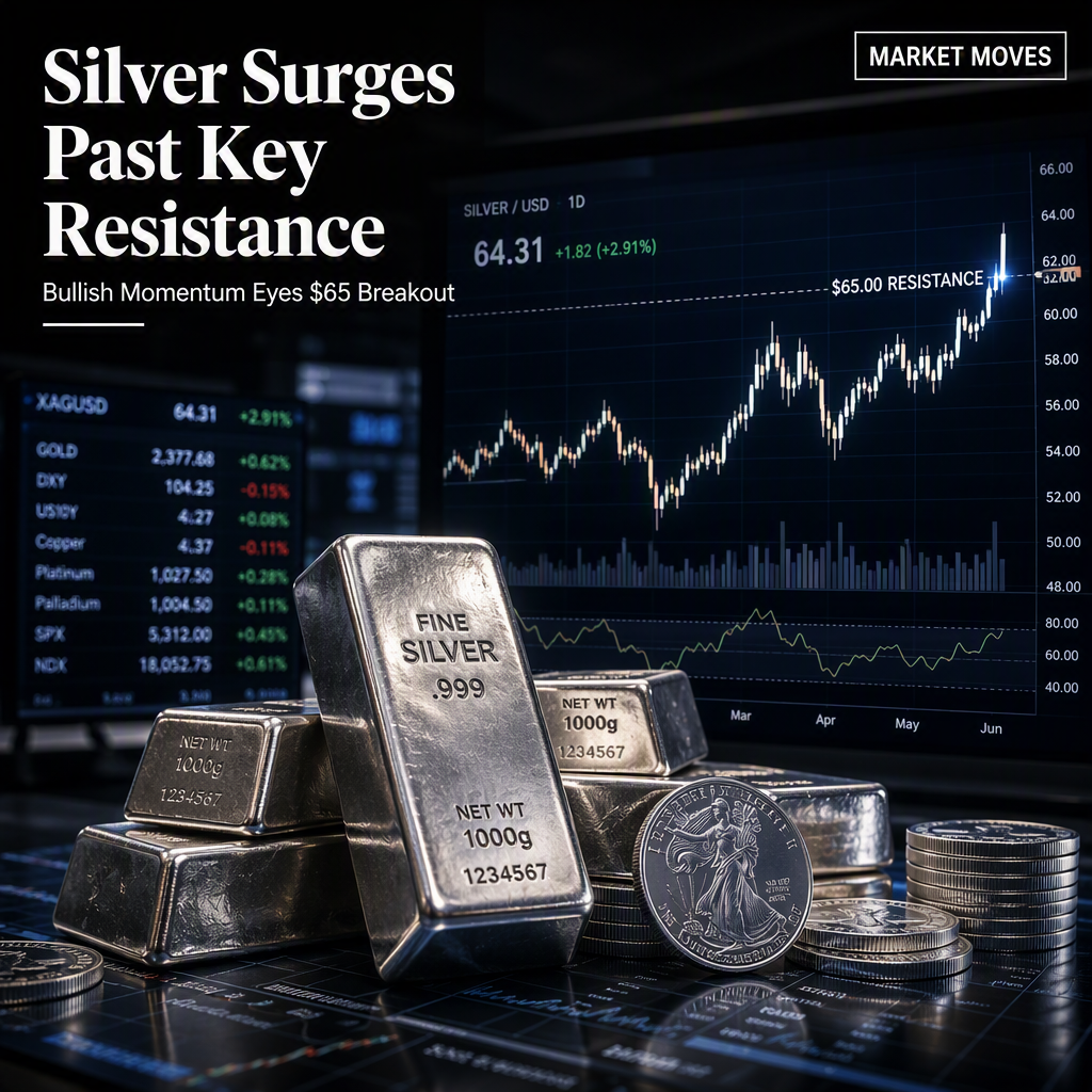 Silver Surges Nearly 3%, Clears 50-Day SMA and Targets $65 Resistance