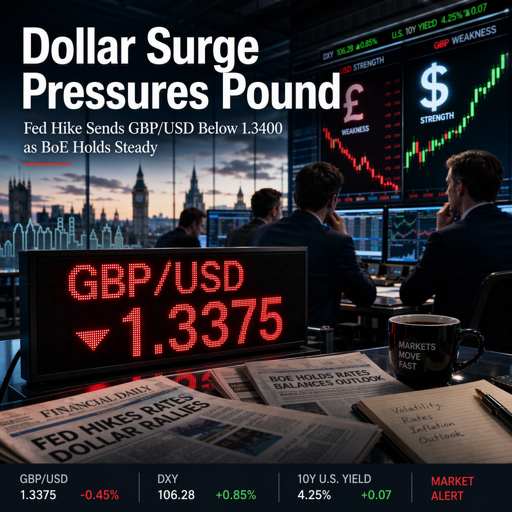 GBP/USD Falls Below 1.3400 as Fed Hike Fuels Dollar Strength, BoE Holds Rates Steady