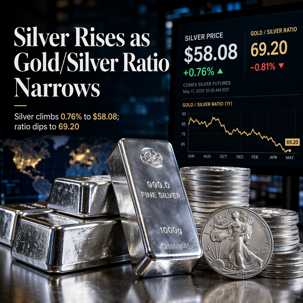 Silver Prices Climb 0.76% to $58.08, Gold/Silver Ratio Narrows