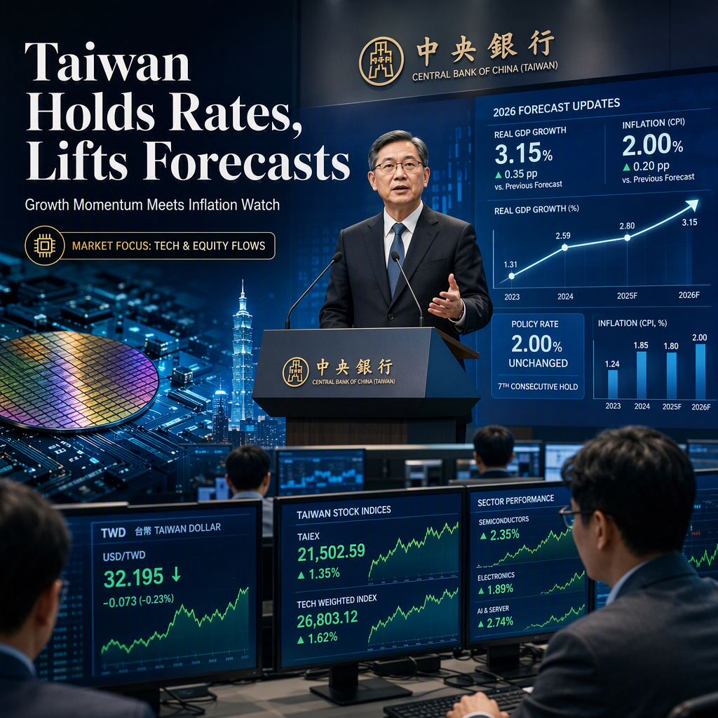 Taiwan Central Bank Holds Rates Steady, Raises 2026 Growth and Inflation Forecasts Amid Focus on Equity Flows