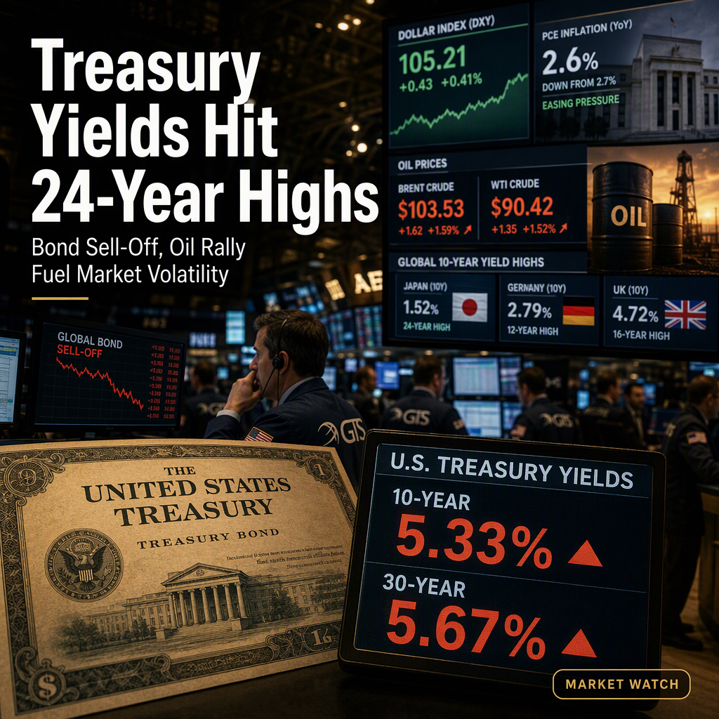 US Treasury Yields Surge to 24-Year Highs Amid Oil Rally and Easing Inflation