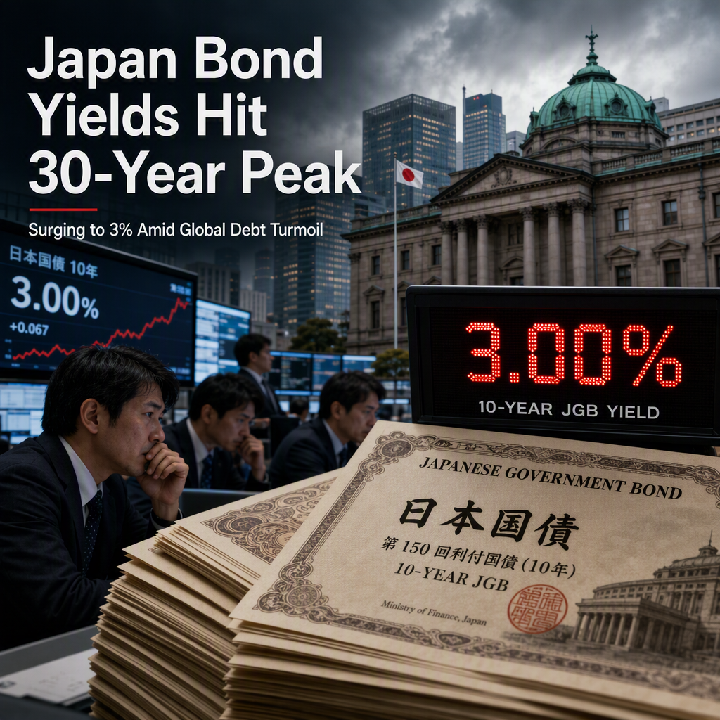 Japan's 10-Year Government Bond Yield Hits 30-Year High of 3% Amid Global Debt Selloff