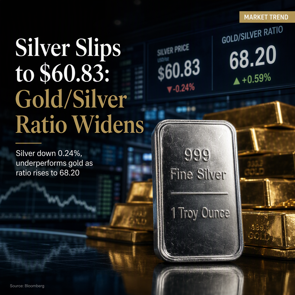 Silver Prices Decline 0.24% to $60.83 per Ounce, Gold/Silver Ratio Rises
