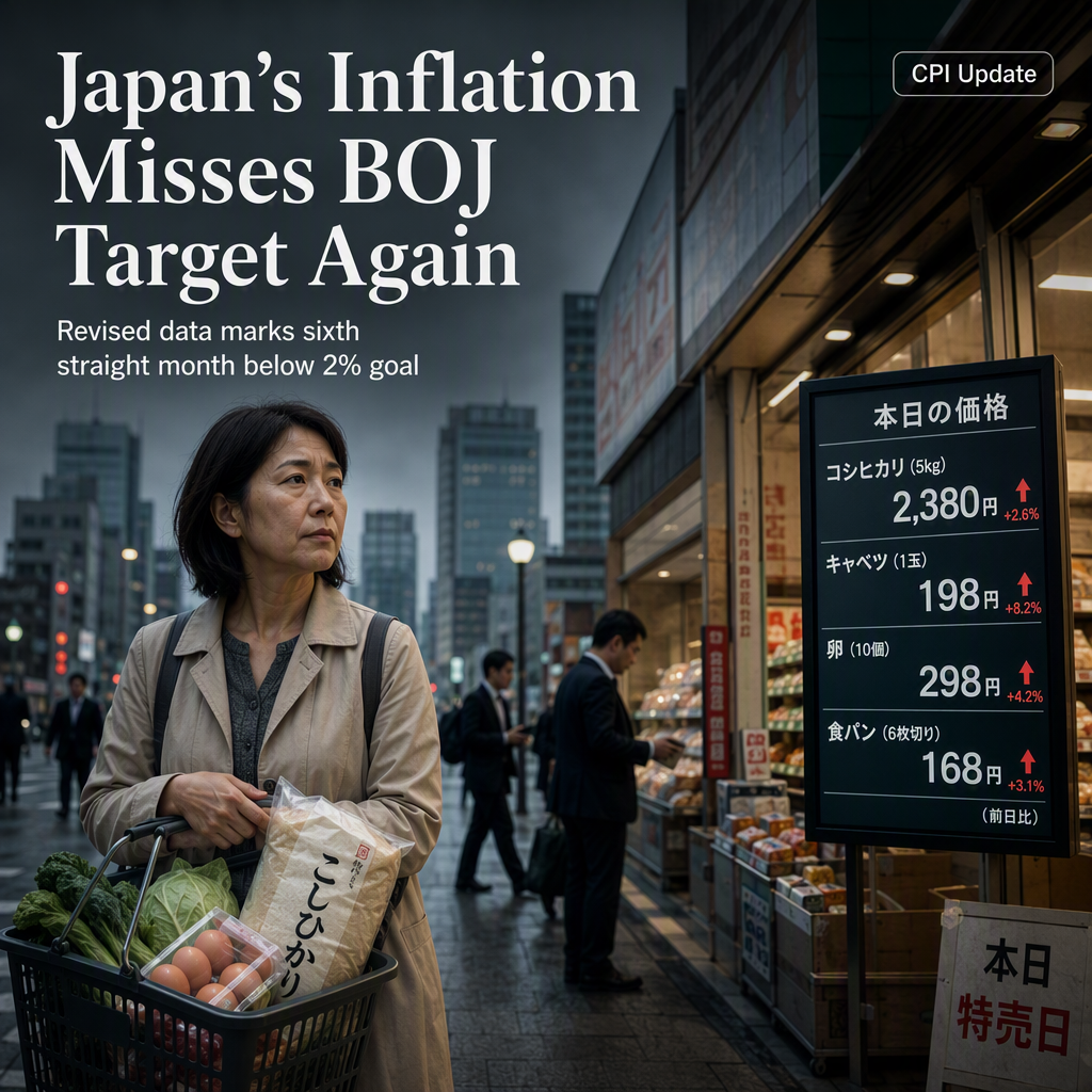 Japan's Inflation Rate Revised Downward, Undershoots BOJ Target for Sixth Consecutive Month