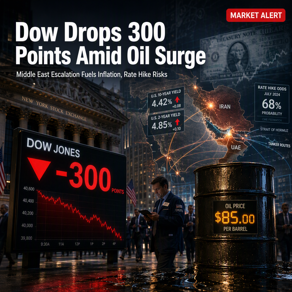 Dow Jones Falls as Middle East Escalation Drives Oil and Yields Higher, Rate Hike Odds Surge