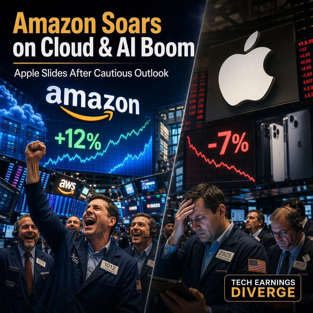 Amazon Shares Surge 12% on Robust AI-Driven Cloud Growth, While Apple Drops 7% After Weak Guidance