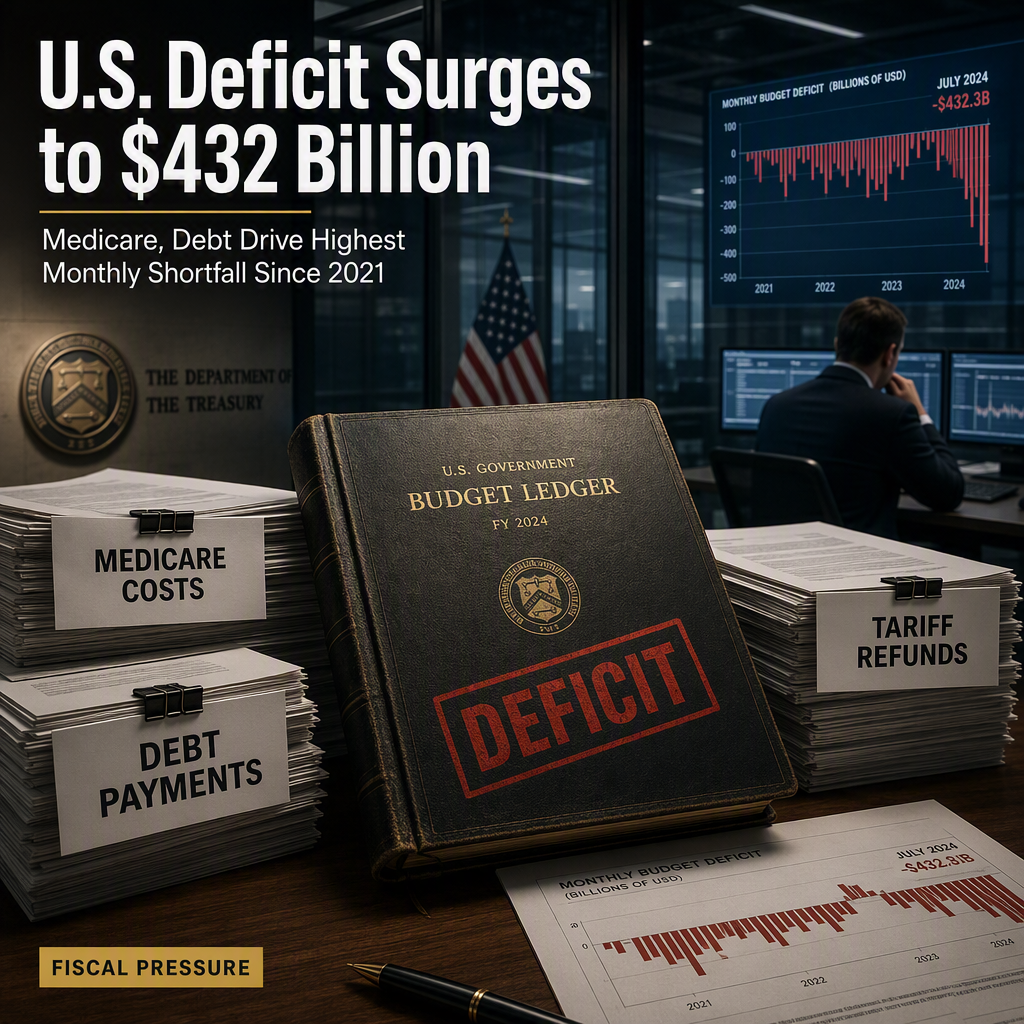 U.S. Budget Deficit Hits $432.3 Billion in July, Driven by Medicare Surge and Debt Costs