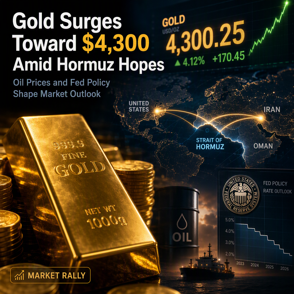 Gold Surges Over 4% Toward $4,300 on US-Iran Hormuz Optimism; Oil and Fed Policy in Focus