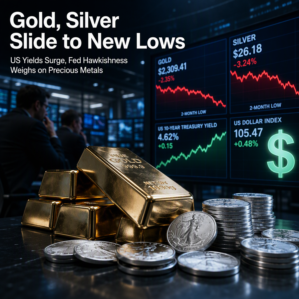 Gold and Silver Hit Two-Month Lows as Rising US Yields and Hawkish Fed Weigh on Precious Metals