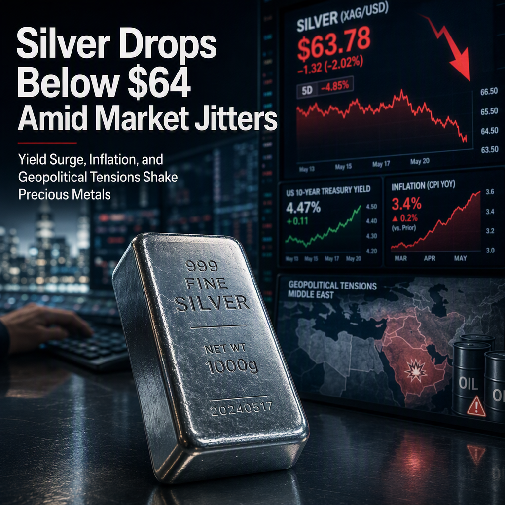 Silver Falls Below $64 as Inflation Fears and Rising Yields Pressure Precious Metals
