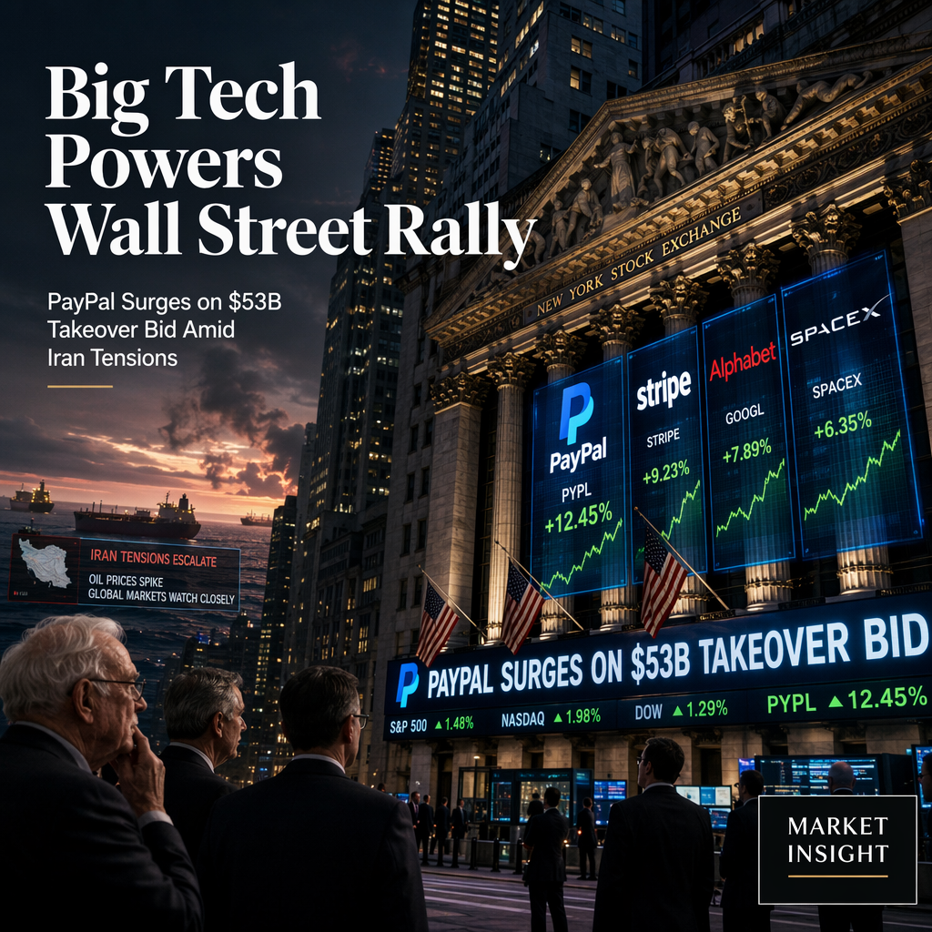 Big Tech Rally Lifts Wall Street Despite Iran Tensions; PayPal Surges on $53 Billion Takeover Bid