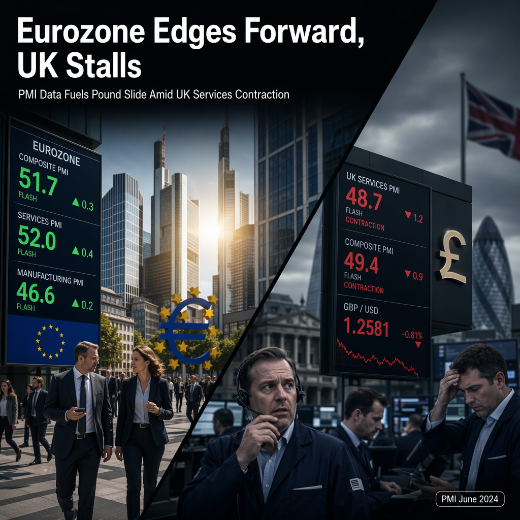 Eurozone and UK Flash PMIs Diverge in June; Pound Slides as UK Services Sector Contracts Further