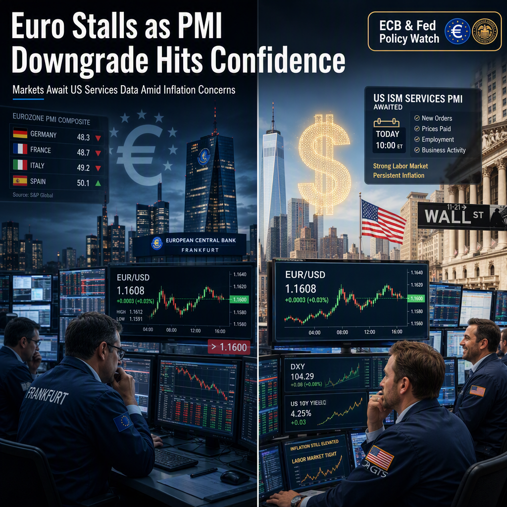 Euro Struggles Above 1.1600 as Eurozone Services PMI Revised Down, US Services Sector Awaits ISM Data