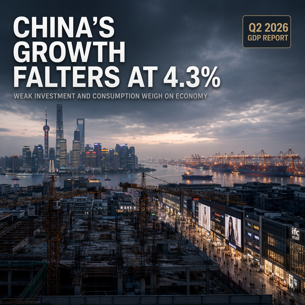 China's Q2 GDP Growth Slows to 4.3%, Missing Expectations Amid Weak Investment and Consumption