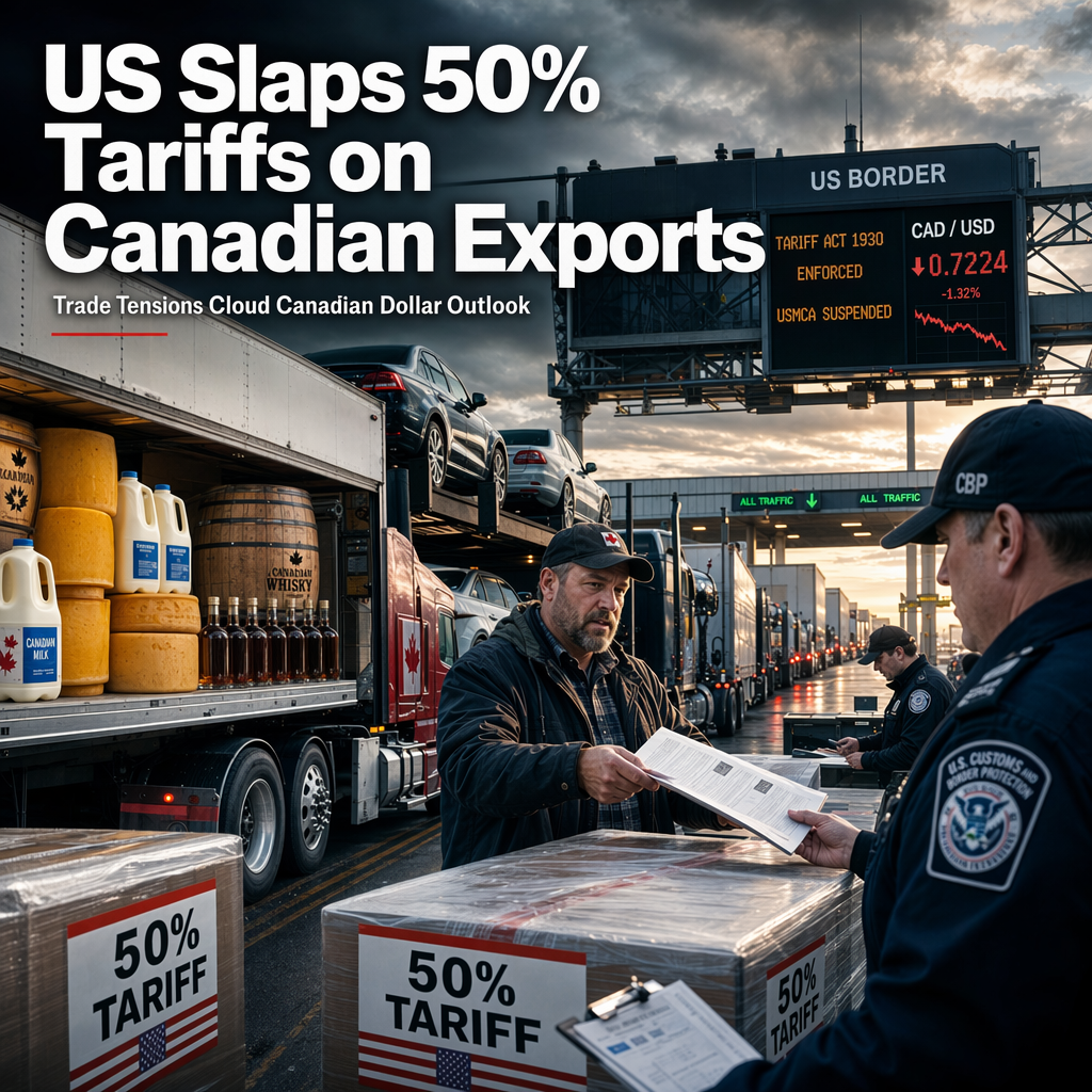 US Imposes 50% Tariffs on Canadian Dairy, Alcohol, and Automobiles, Clouding Canadian Dollar Outlook