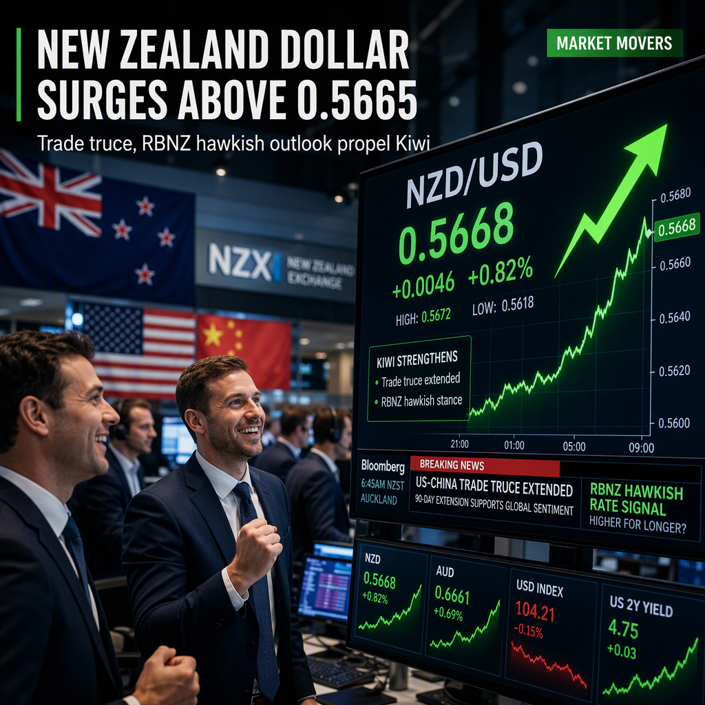 New Zealand Dollar Rises Above 0.5665 as US-China Trade Truce Extended and RBNZ Signals Hawkish Stance