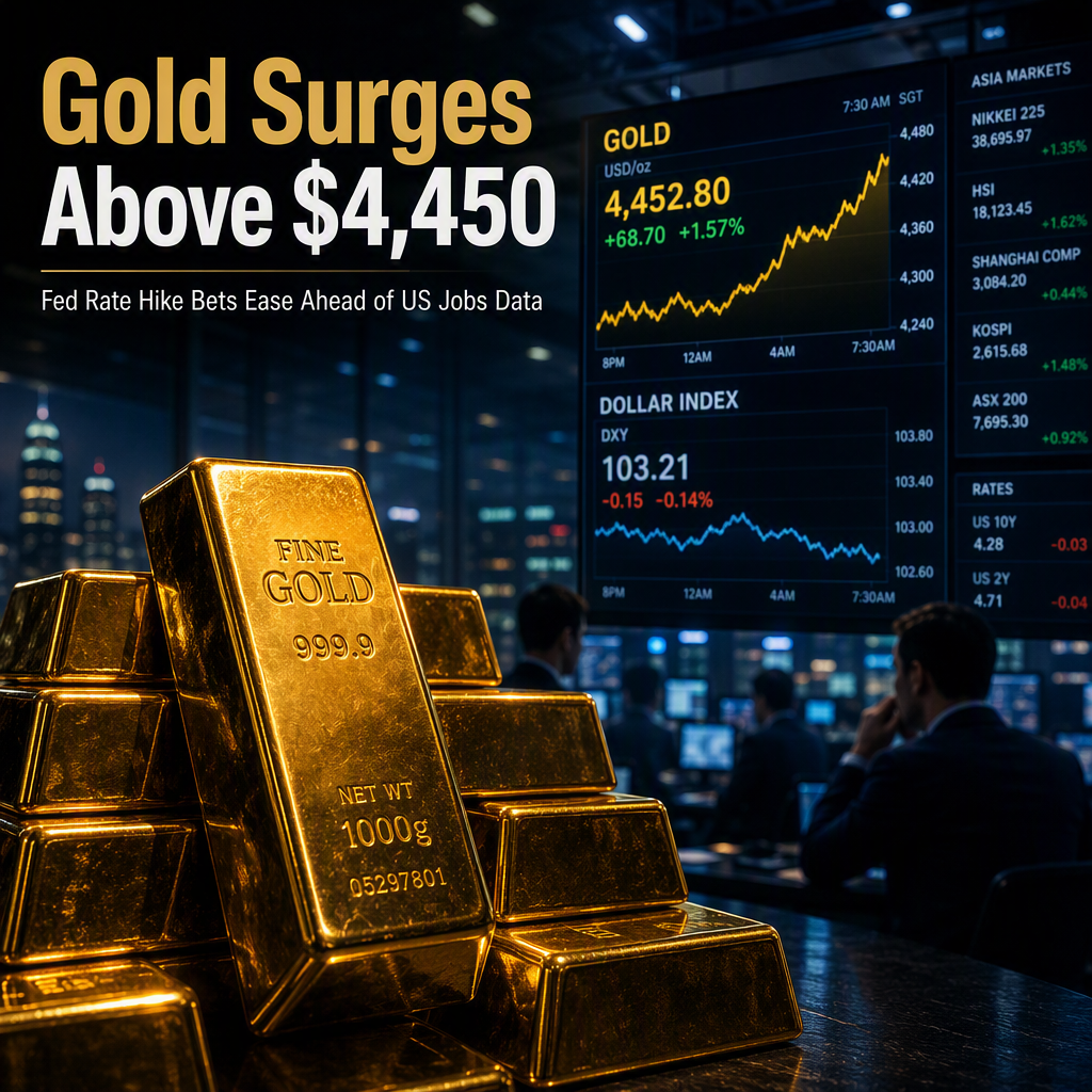 Gold Surges Above $4,450 as Fed Rate Hike Bets Ease Ahead of US Jobs Data