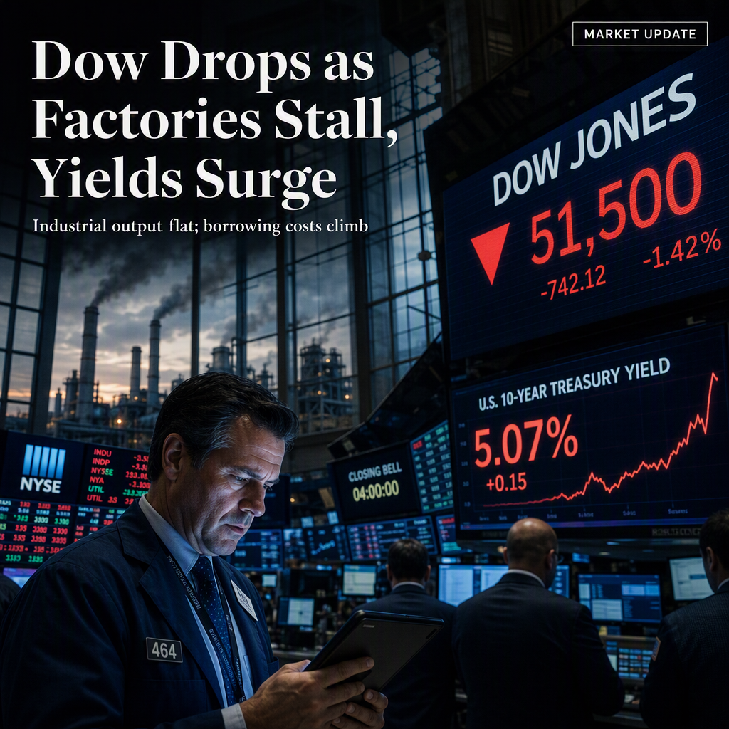 Dow Jones Retreats as US Factory Output Stalls and Treasury Yields Surge
