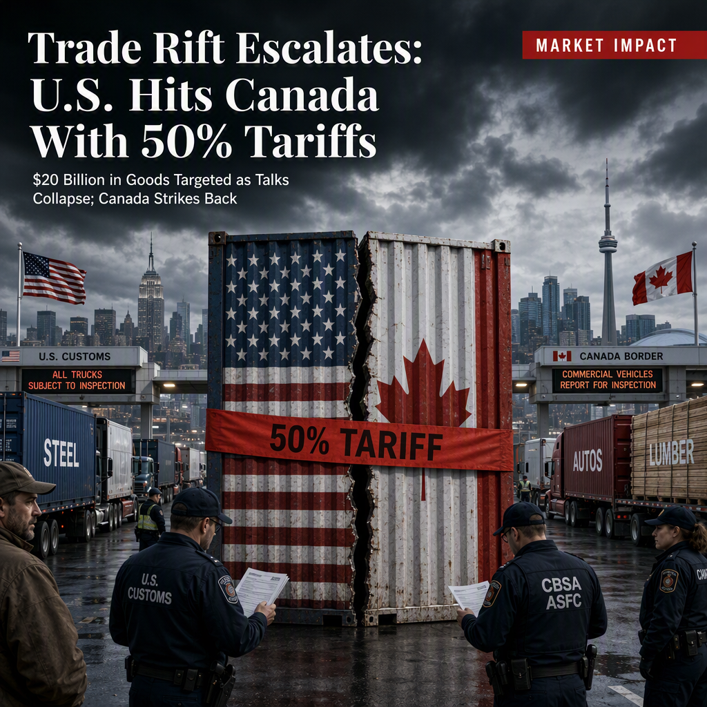 U.S. Imposes 50% Tariffs on $20 Billion Canadian Imports After Trade Talks Collapse; Canada Retaliates
