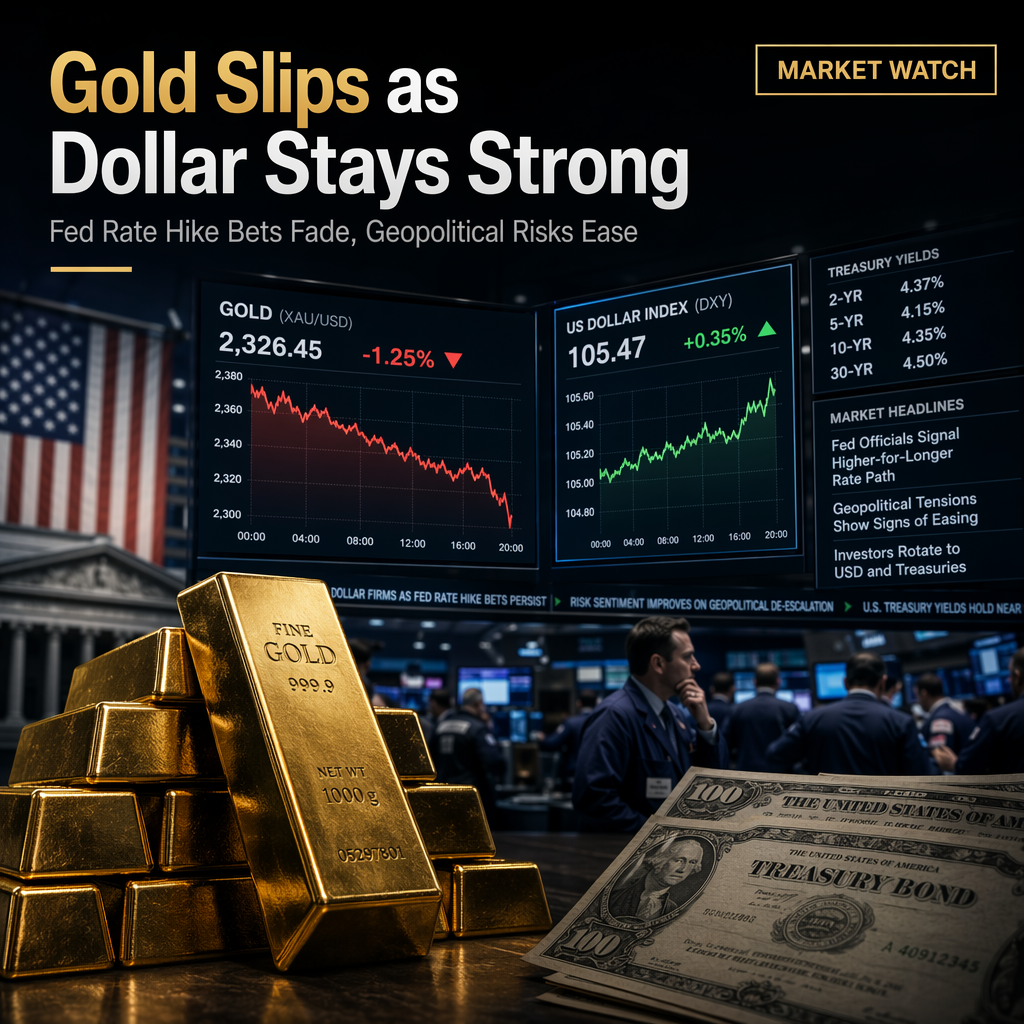 Gold Slips as US Dollar Holds Firm Amid Fading Fed Rate Hike Bets and Easing Geopolitical Risks