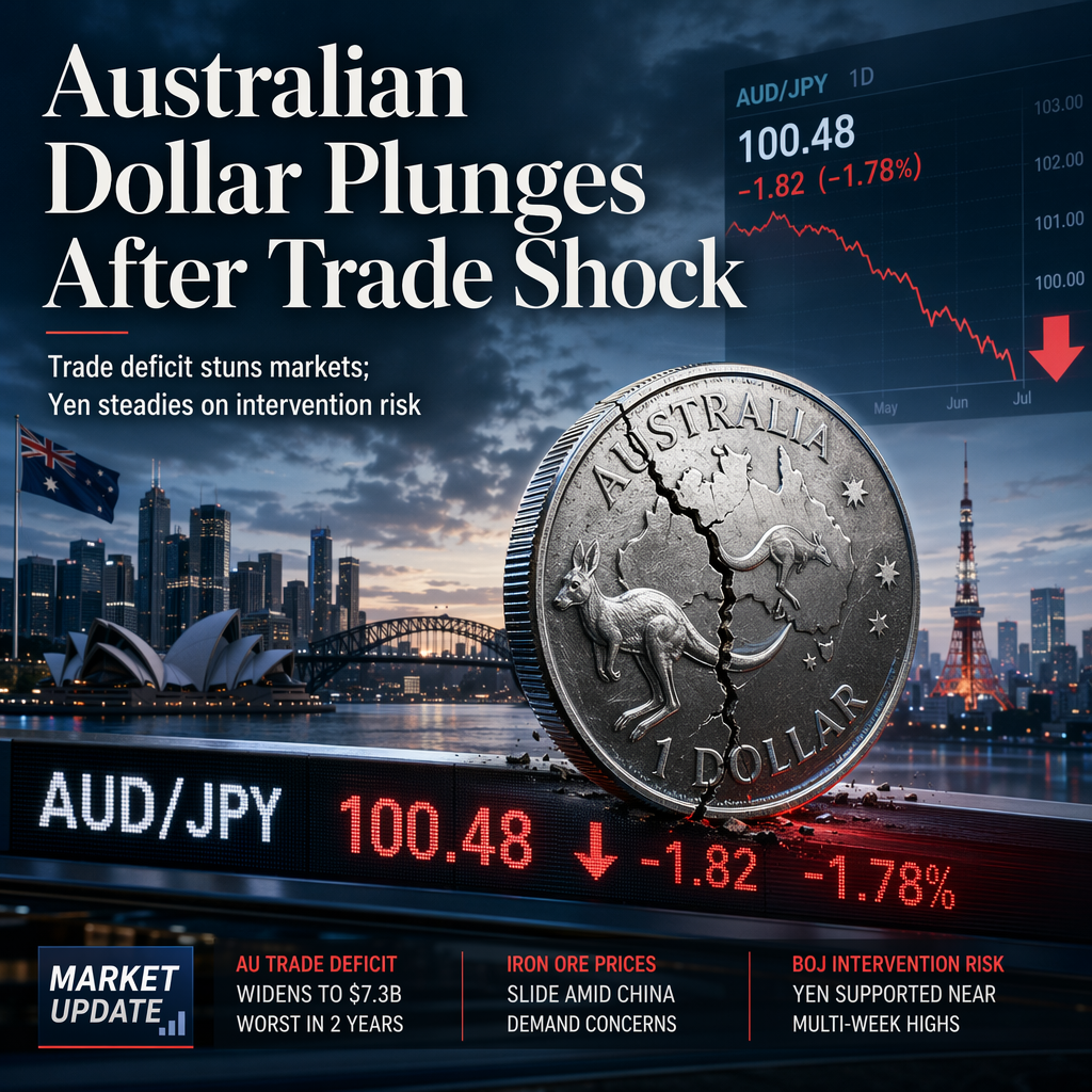 Australian Dollar Drops Sharply After Unexpected Trade Deficit; Yen Supported by Intervention Risks