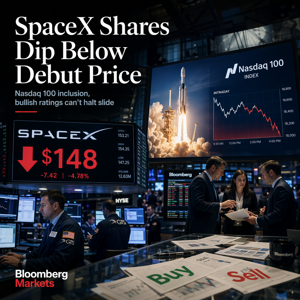 SpaceX Shares Slip Below Debut Price Despite Rapid Nasdaq 100 Inclusion and Bullish Analyst Ratings