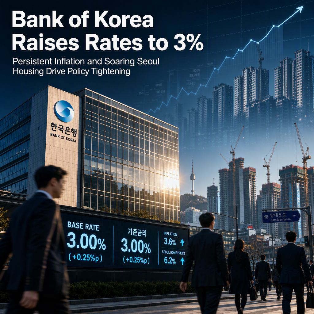 Bank of Korea Raises Rates to 3% Amid Persistent Core Inflation and Surging Seoul Housing Prices