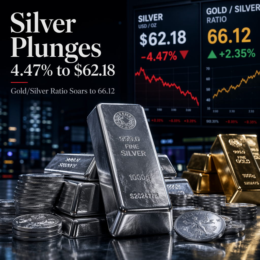 Silver Price Drops 4.47% to $62.18, Gold/Silver Ratio Rises