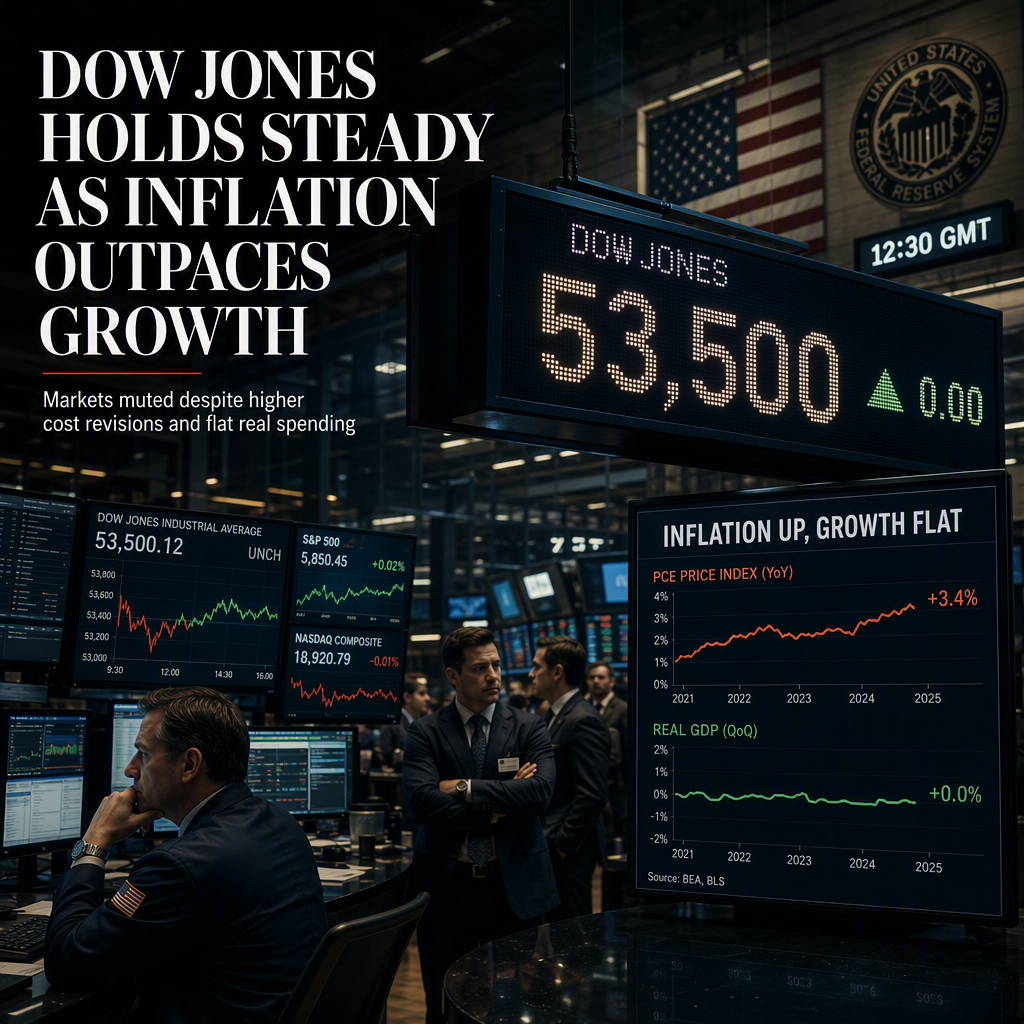 Dow Jones Unmoved as Inflation Revisions Show Higher Costs Without Growth