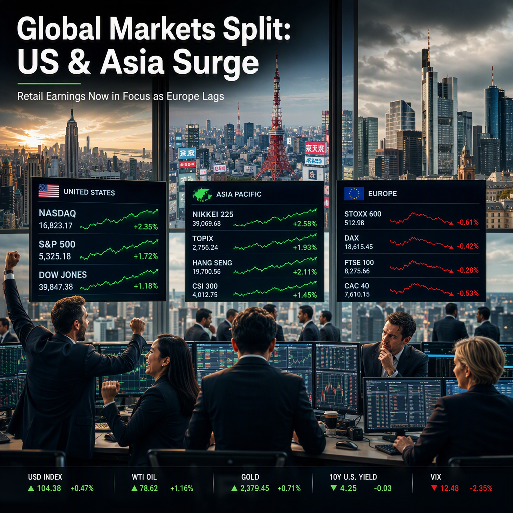 Global Equities Diverge as US and Asian Markets Outperform Europe; Focus Shifts to Retail Earnings