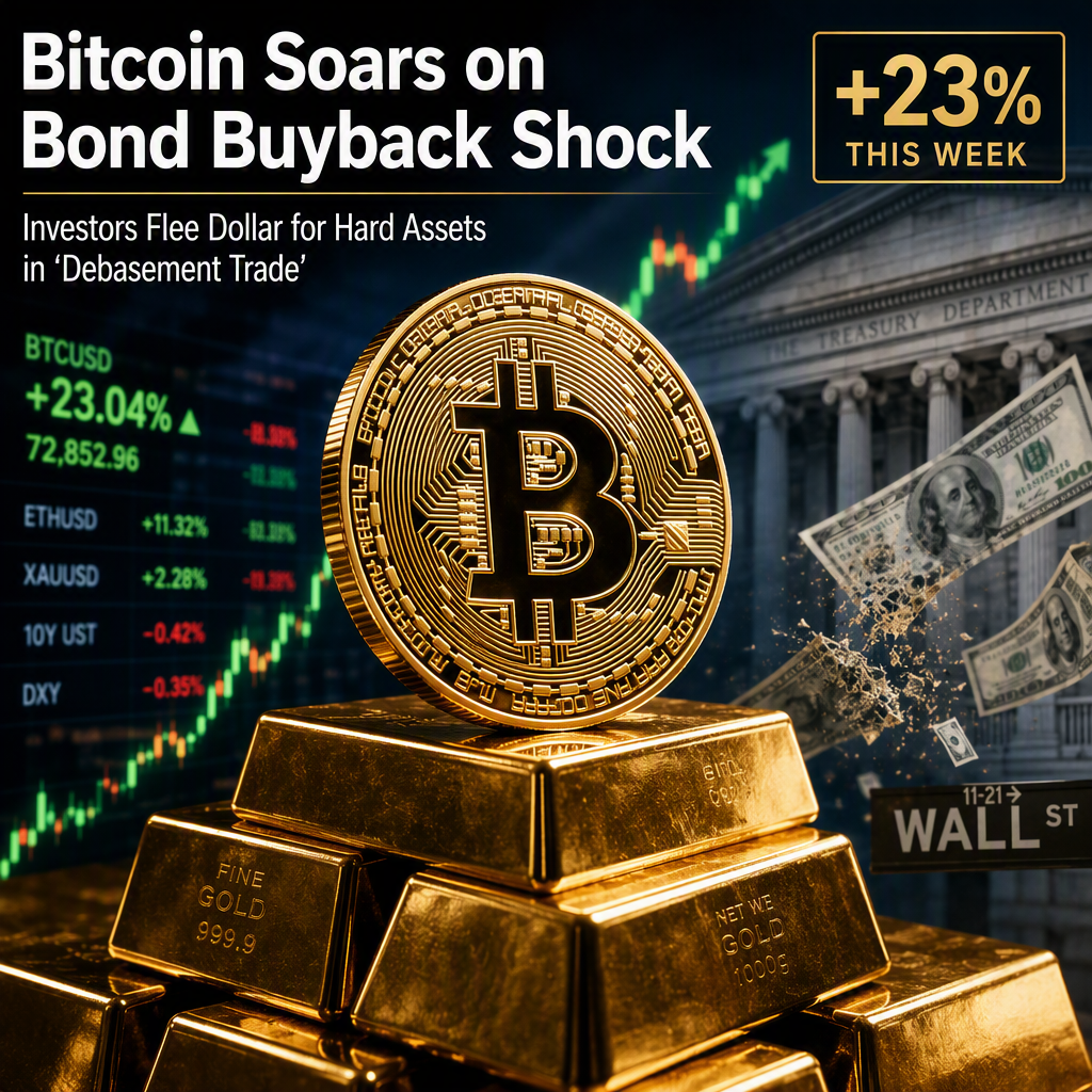 Bitcoin Surges 23% as U.S. Treasury Bond Buyback Fuels 'Debasement Trade'