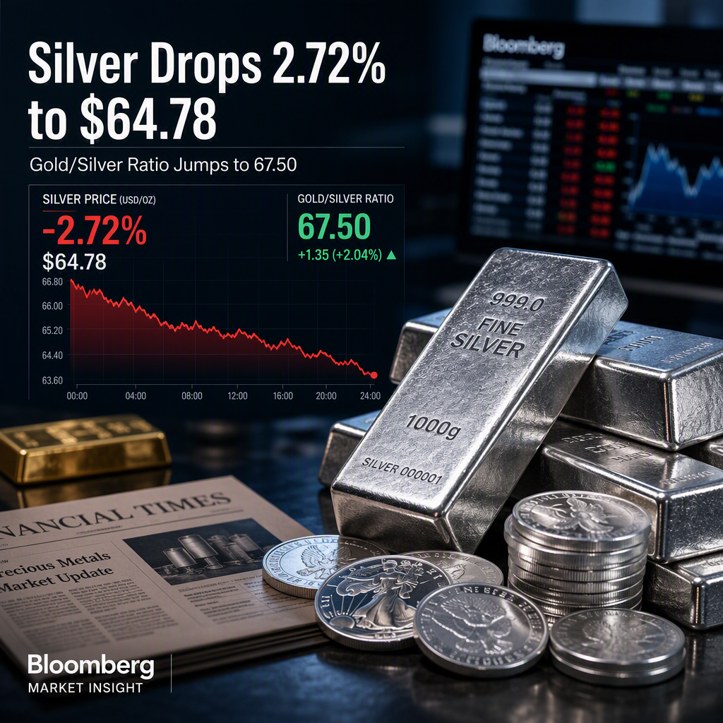 Silver Price Drops 2.72% to $64.78, Gold/Silver Ratio Rises