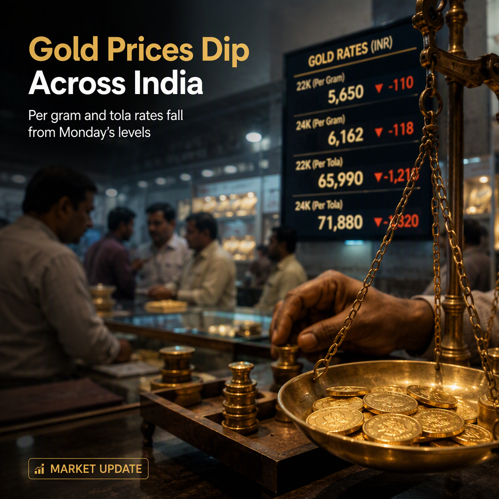 Gold Prices Decline in India, Marking Drop from Previous Day's Levels