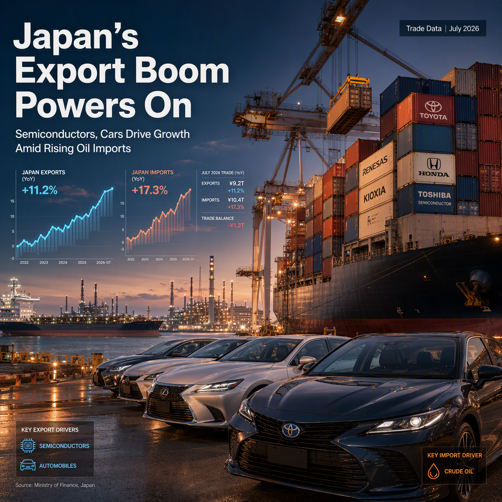 Japan's July Exports Surge on Semiconductor and Auto Demand, Imports Soar Amid Rising Oil Prices