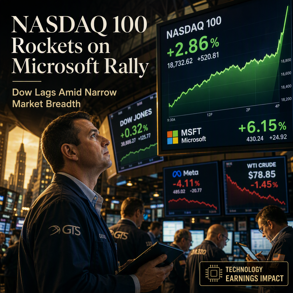 NASDAQ 100 Surges Nearly 3% on Microsoft Earnings, Outpacing Dow Amid Narrow Market Breadth
