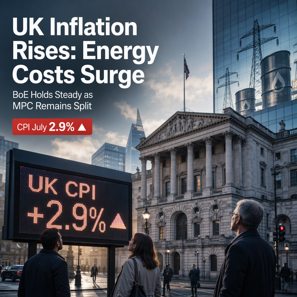 UK July CPI Rises to 2.9% on Energy Costs; BoE Outlook Remains Unchanged Amid Divided MPC